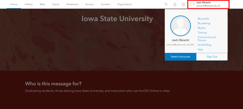 ArcGIS Online User Screen